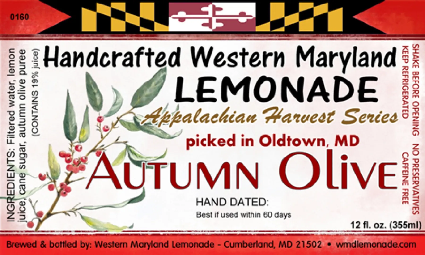 A label reading Handcrafted Western Maryland Lemonade, Appalachian Harvest Series, picked in Oldtown, MD, Autumn Olive.