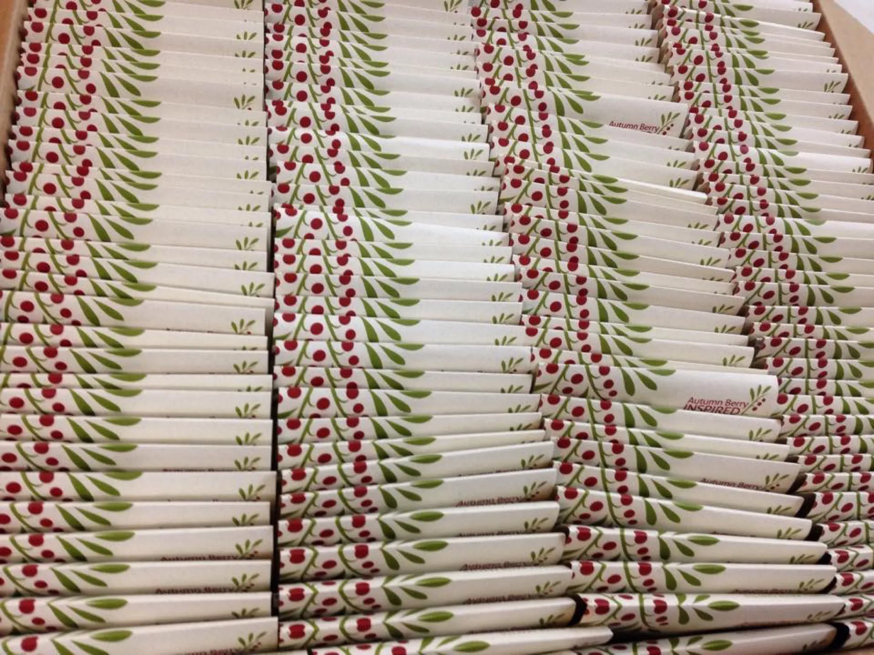Rows of fruit leather bars in printed wrappers packed tightly in a box.
