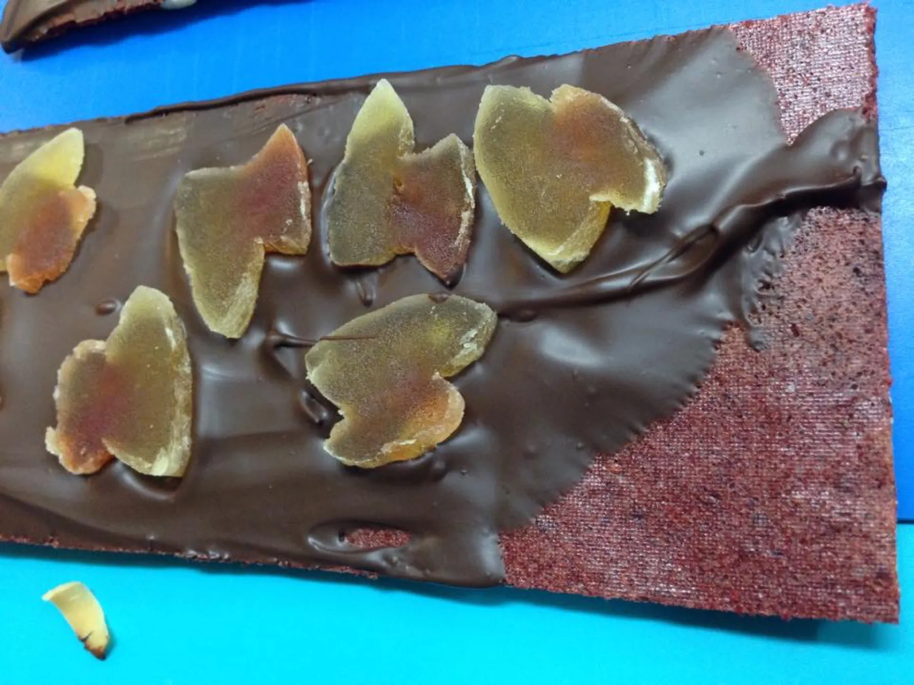 Fruit leather half dipped in dark chocolate and topped with candied ginger.