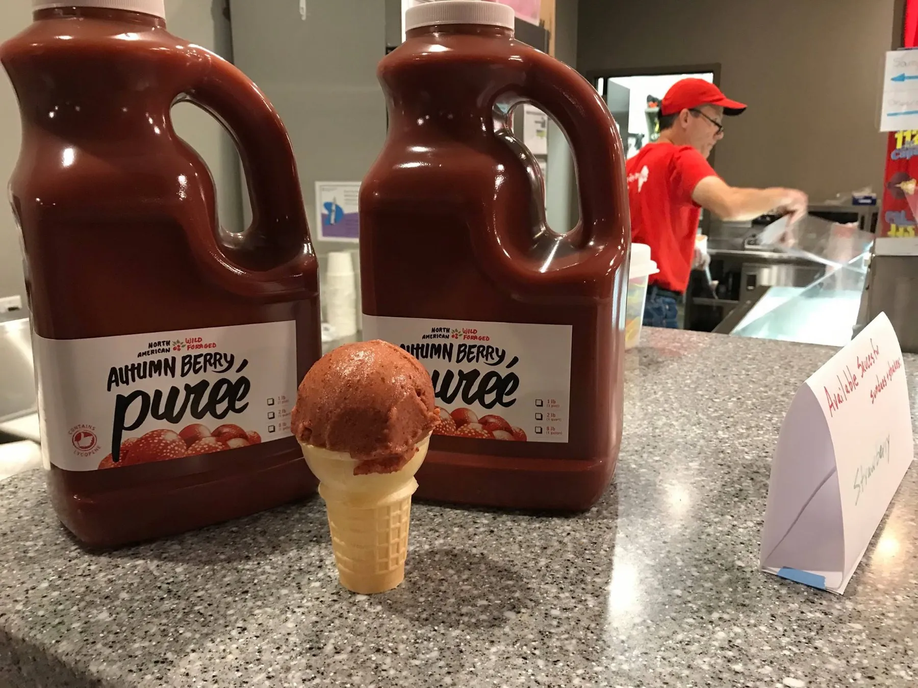 Two jugs of autumn berry puree on a counter beside a cone of pink sorbet.