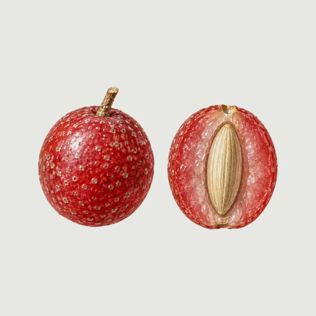 Two enlarged autumn berries, one whole and speckled, one cut open to show a single pale ribbed seed.