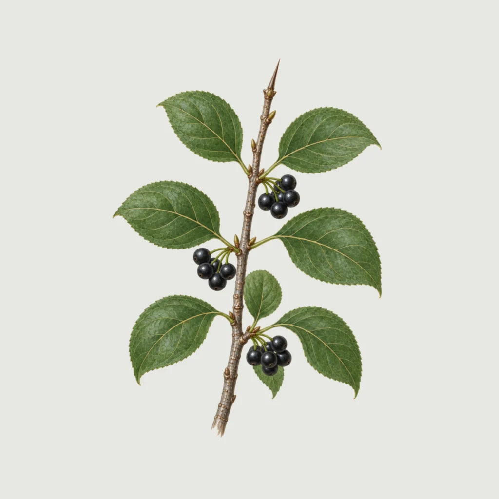 Common buckthorn sprig with finely toothed leaves, black berries and a thorn at the tip.
