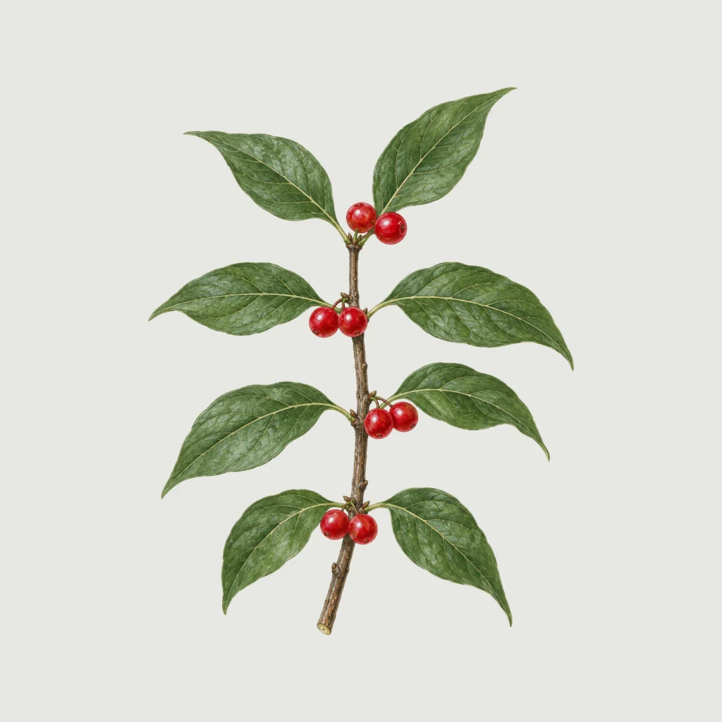 Bush honeysuckle sprig with paired leaves and paired glossy red berries.