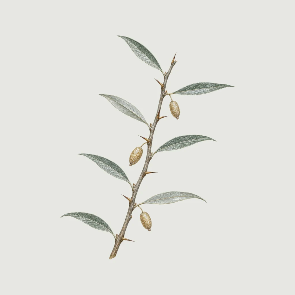Russian olive sprig with very narrow silvery leaves, thorns and oval tan fruit.